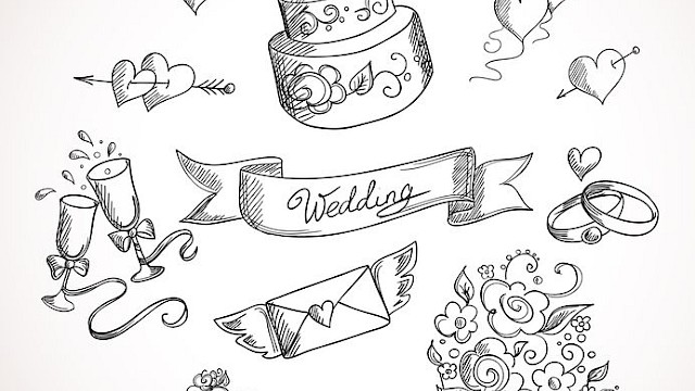 illustration of wedding cake, wedding banner, love hearts and invitations